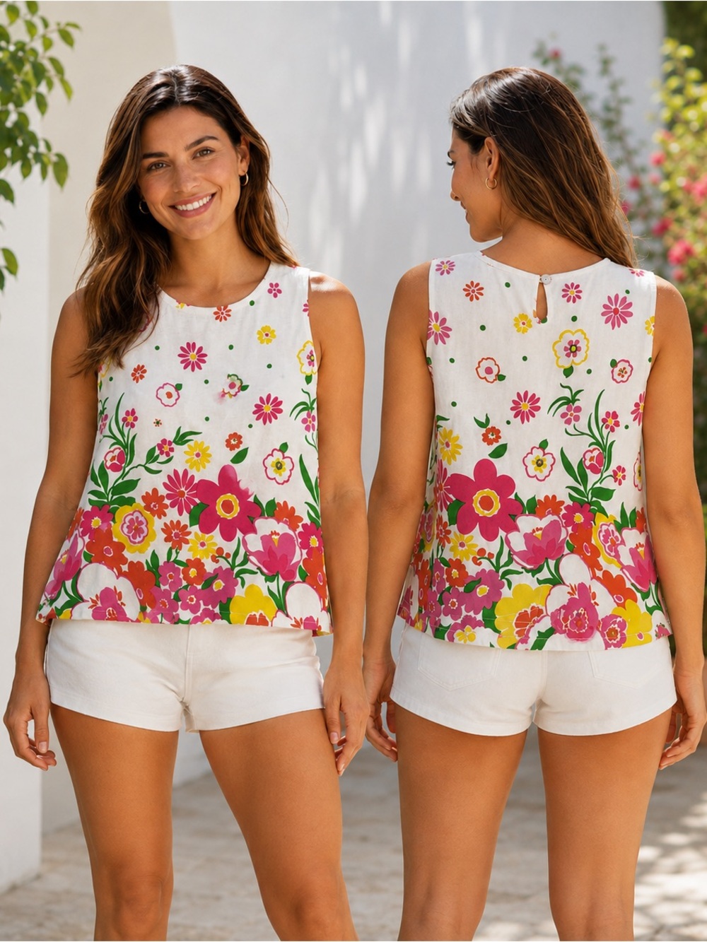Mister Zimi White Floral Tank with Pink, Yellow & Green